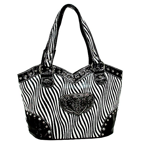 Animal Zebra Print Tote Bags w/ 3-Heart Charm - White - BG-127HZ-WT
